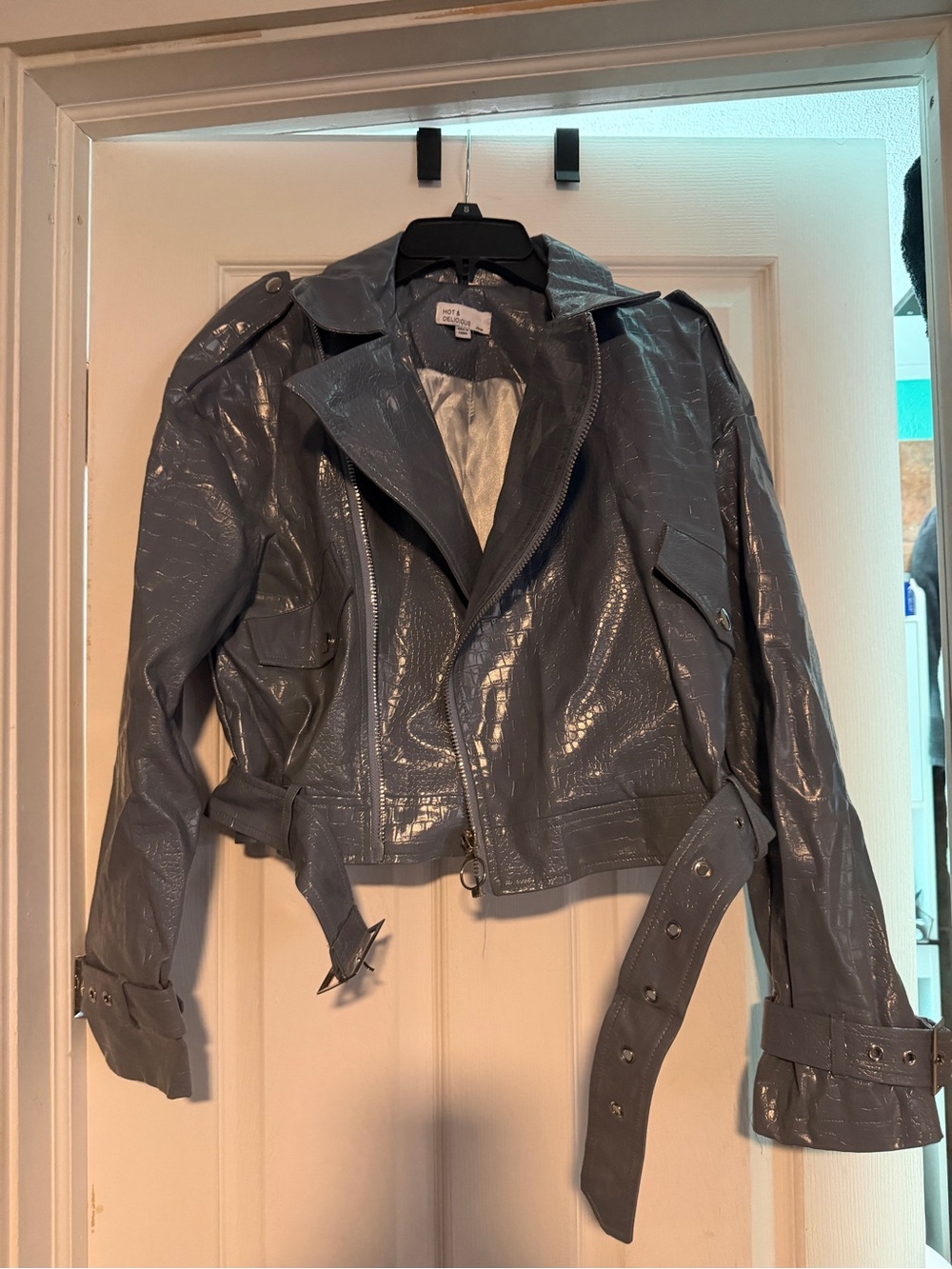 Hot & Delicious Blue Gunmetal Croc Embossed Faux Leather Moto Jacket Large